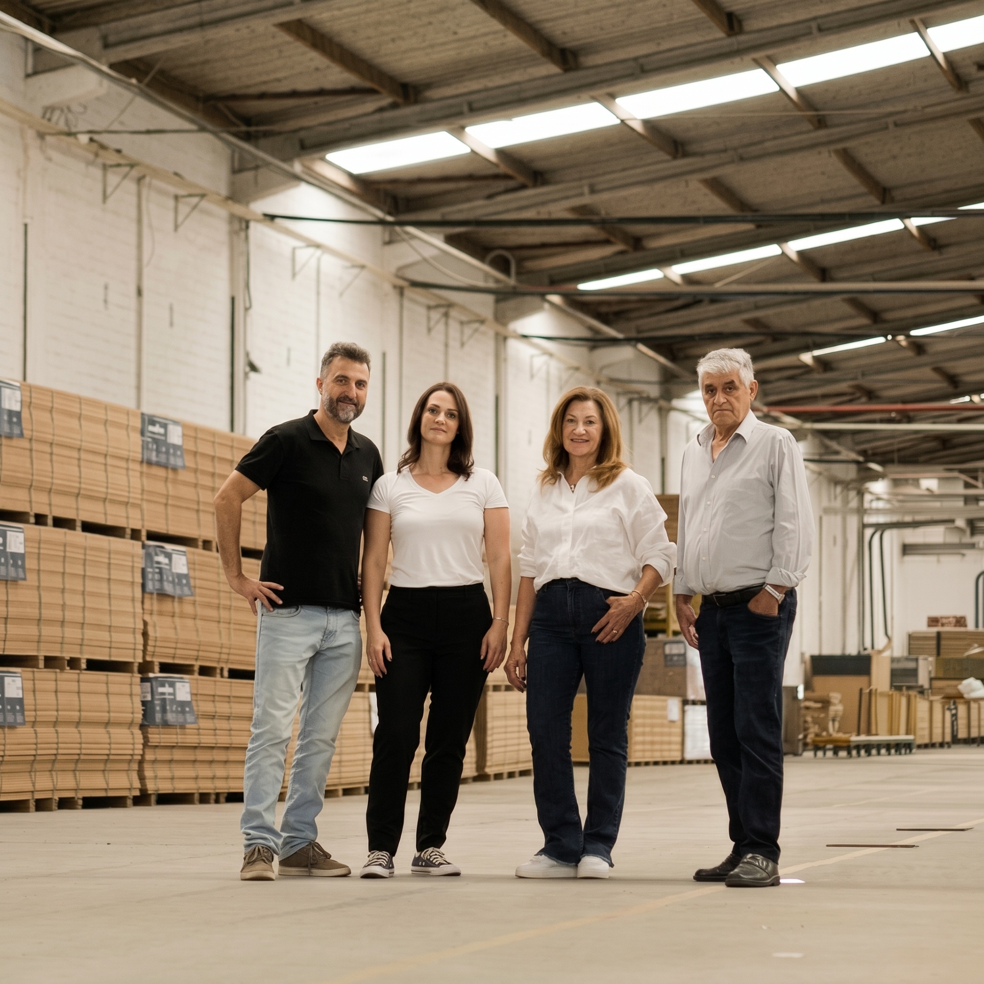 Família Cenci na fábrica, com estoque de materiais ao fundo