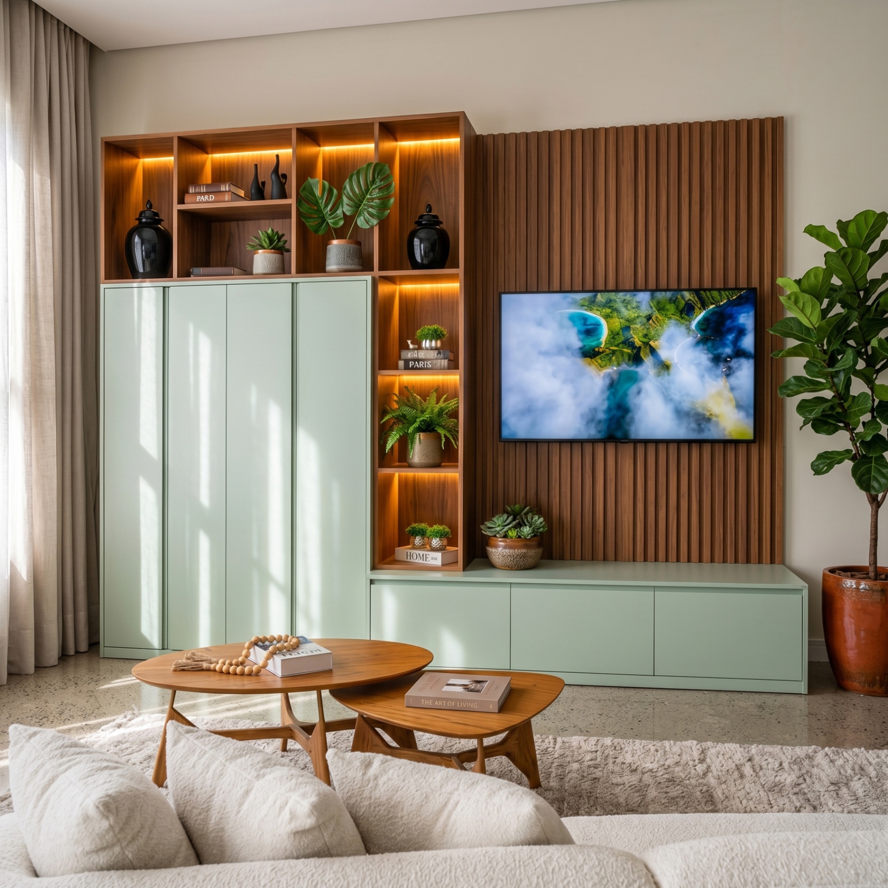 Living planejado Cenci com rack, painel ripado, TV e mesinhas de centro